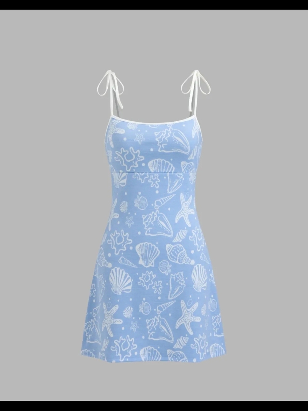 Cider Light Blue Seashell Print Mini Dress with White Trim
